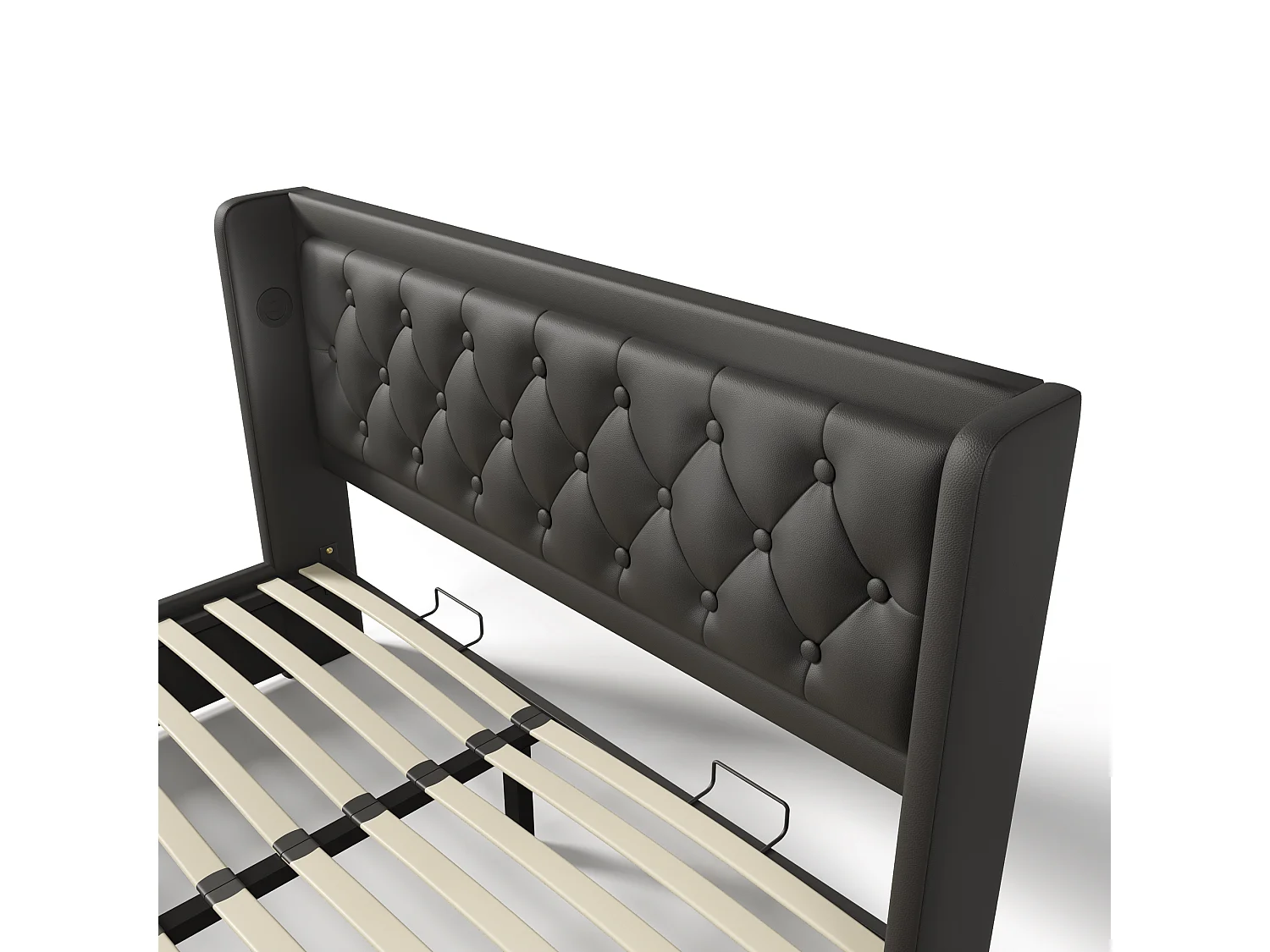 Lit coffre 140x200 cm avec tête de lit, USB Type-C, éclairage LED, sommier à lattes - en cuir synthétique - noir - matelas inclus