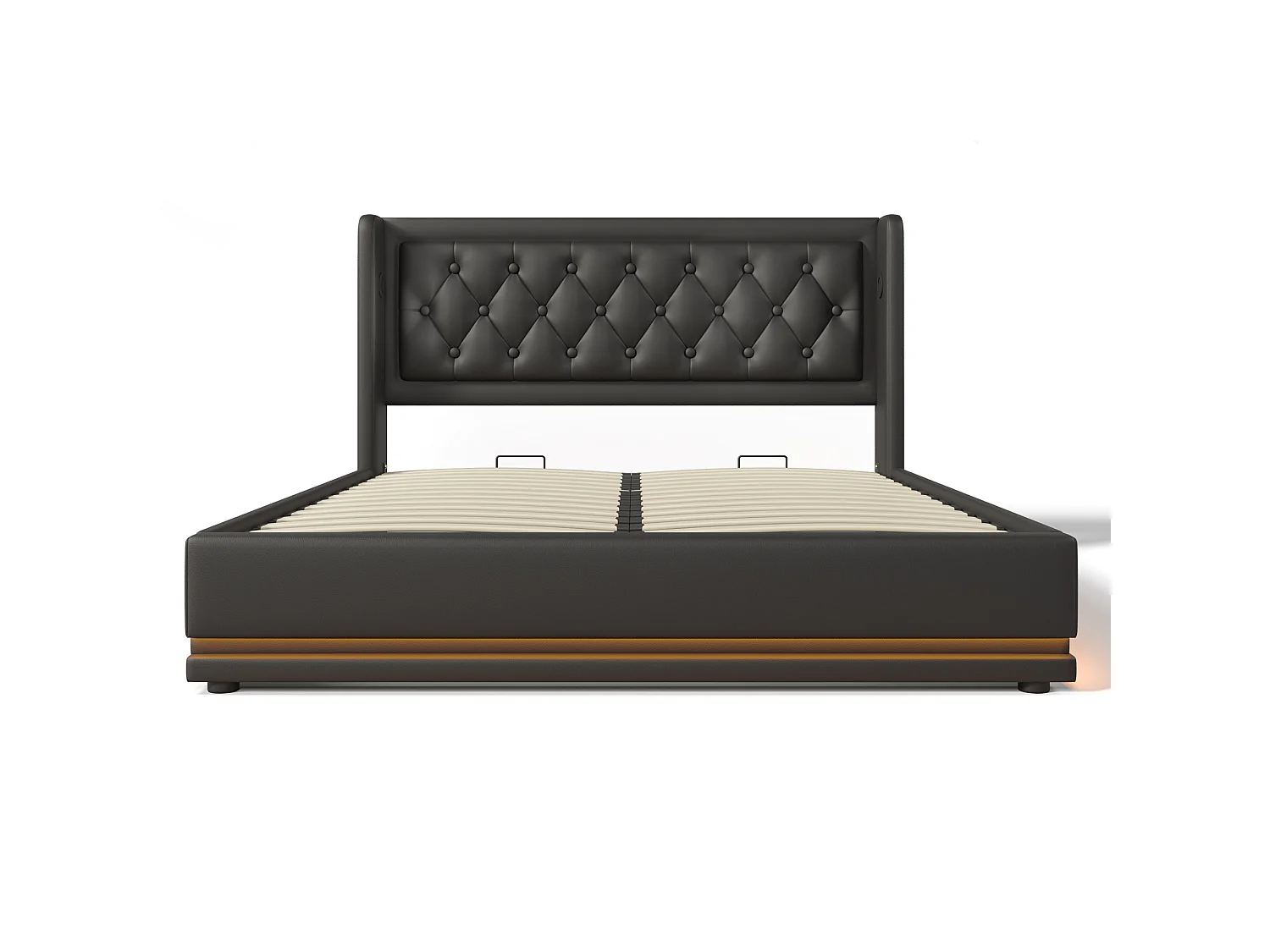 Lit coffre 140x200 cm avec tête de lit, USB Type-C, éclairage LED, sommier à lattes - en cuir synthétique - noir - matelas inclus