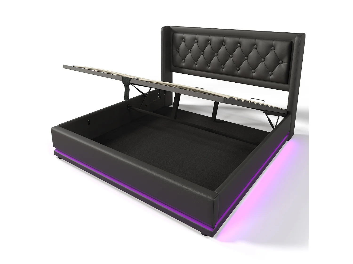 Lit coffre 140x200 cm avec tête de lit, USB Type-C, éclairage LED, sommier à lattes - en cuir synthétique - noir - matelas inclus