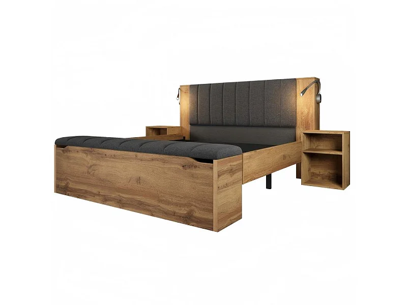 Letto adulti 160x200 cm con comodini e panca letto, lampade da lettura USB, in legno, rovere, materasso incluso