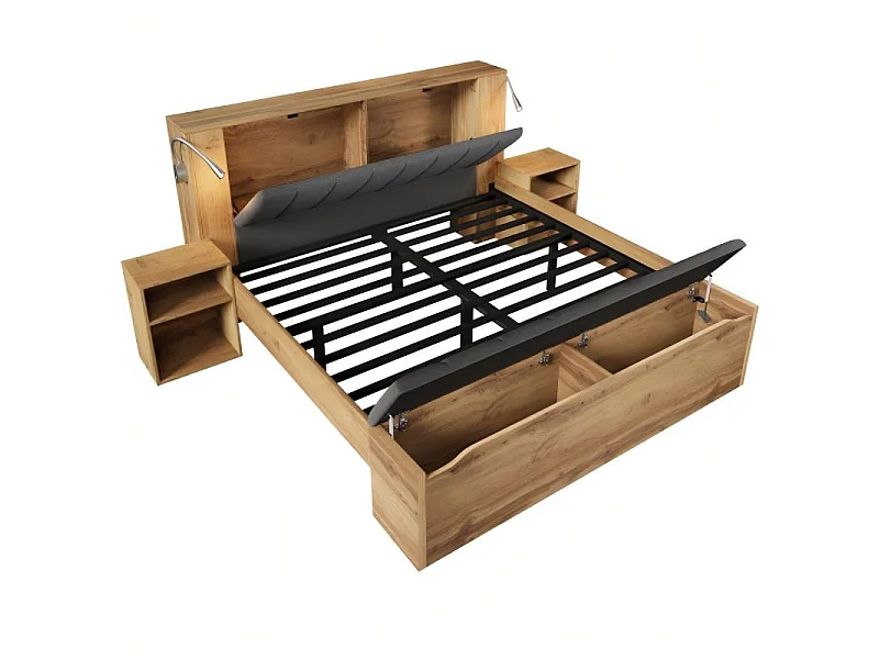 Letto adulti 160x200 cm con comodini e panca letto, lampade da lettura USB, in legno, rovere, materasso incluso