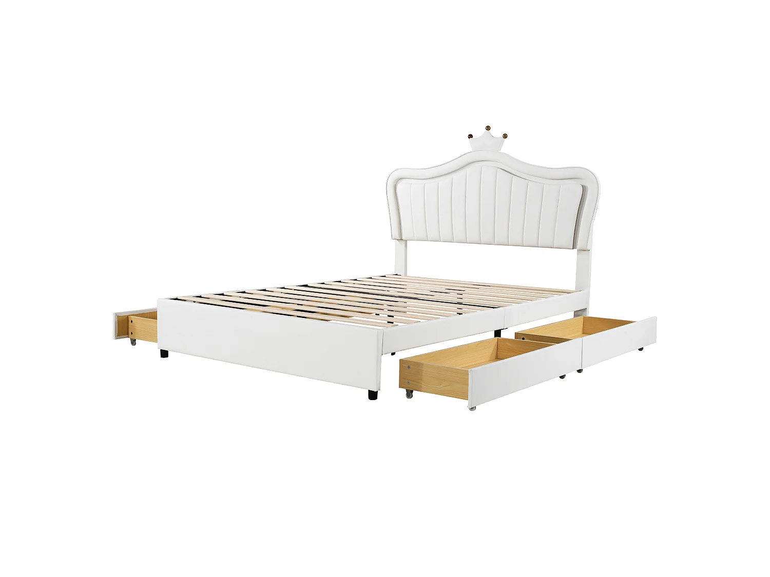 Lit enfant 140x200 cm avec tête de lit, 4 tiroirs, LED - en cuir synthétique - blanc - sans matelas