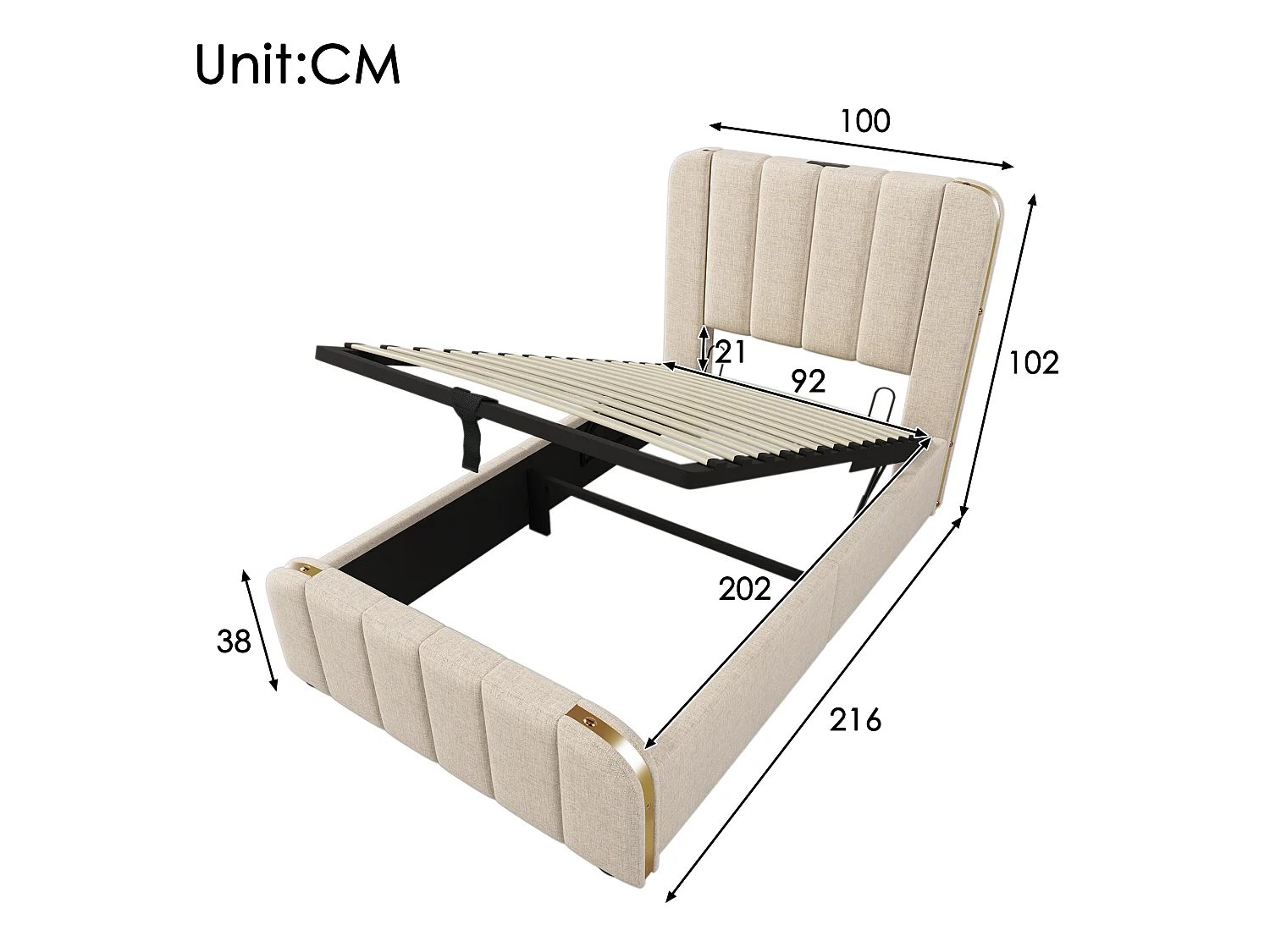 Lit coffre 90x200 cm - avec tête de lit, USB / Type-C, sommier à lattes - en lin - beige - matelas inclus