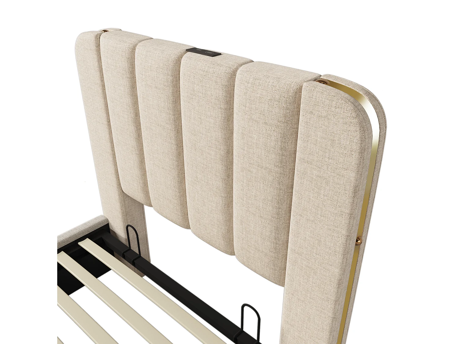Lit coffre 90x200 cm - avec tête de lit, USB / Type-C, sommier à lattes - en lin - beige - matelas inclus