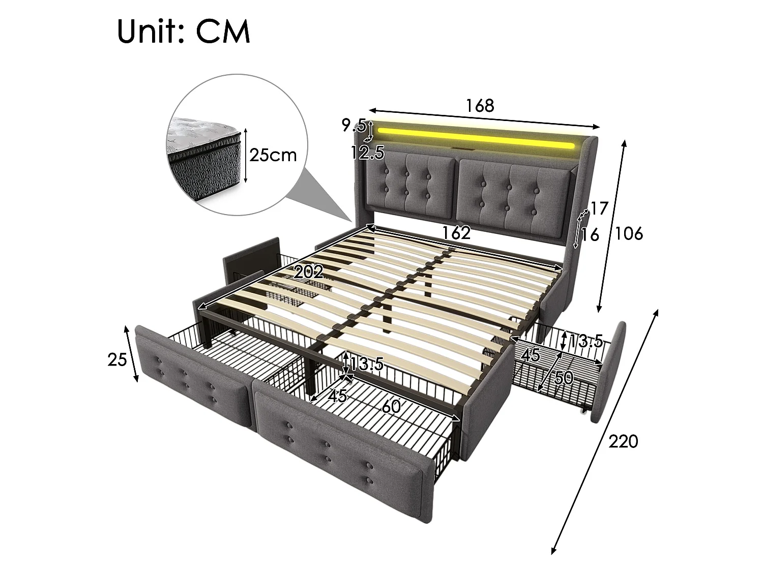 Lit adulte 160x200 cm avec tête de lit, 4 tiroirs, USB, Type-C, LED, sommier à lattes - coton et lin - gris - matelas inclus