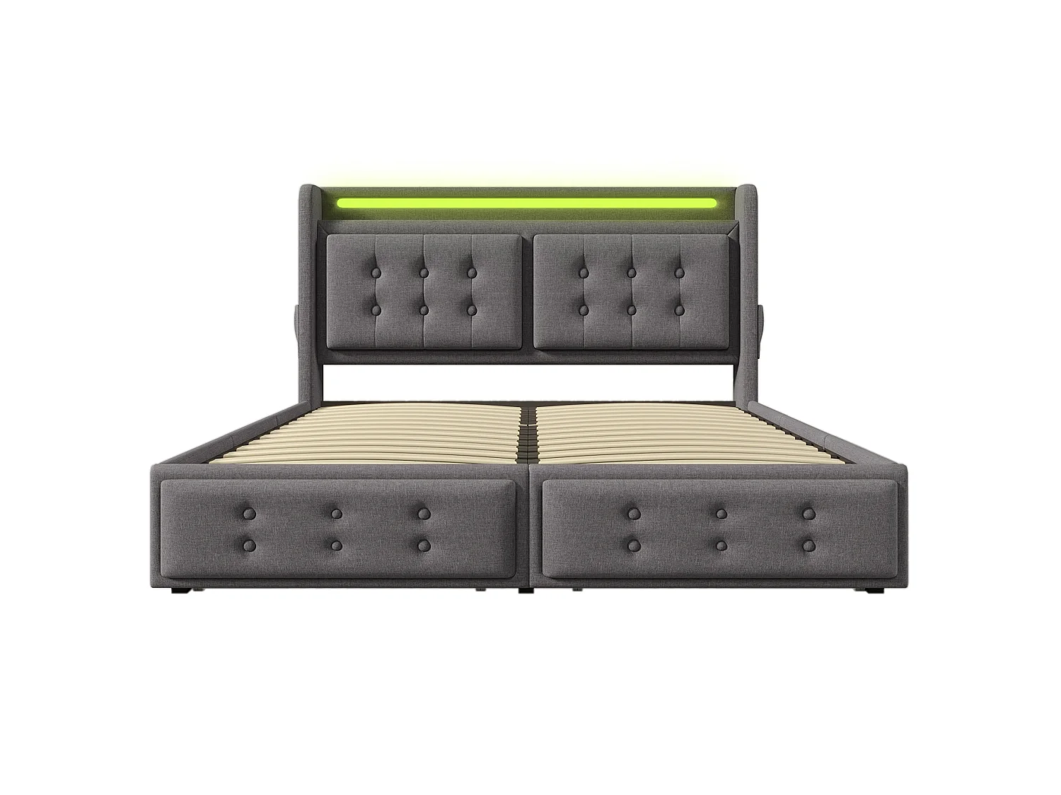 Lit adulte 160x200 cm avec tête de lit, 4 tiroirs, USB, Type-C, LED, sommier à lattes - coton et lin - gris - matelas inclus