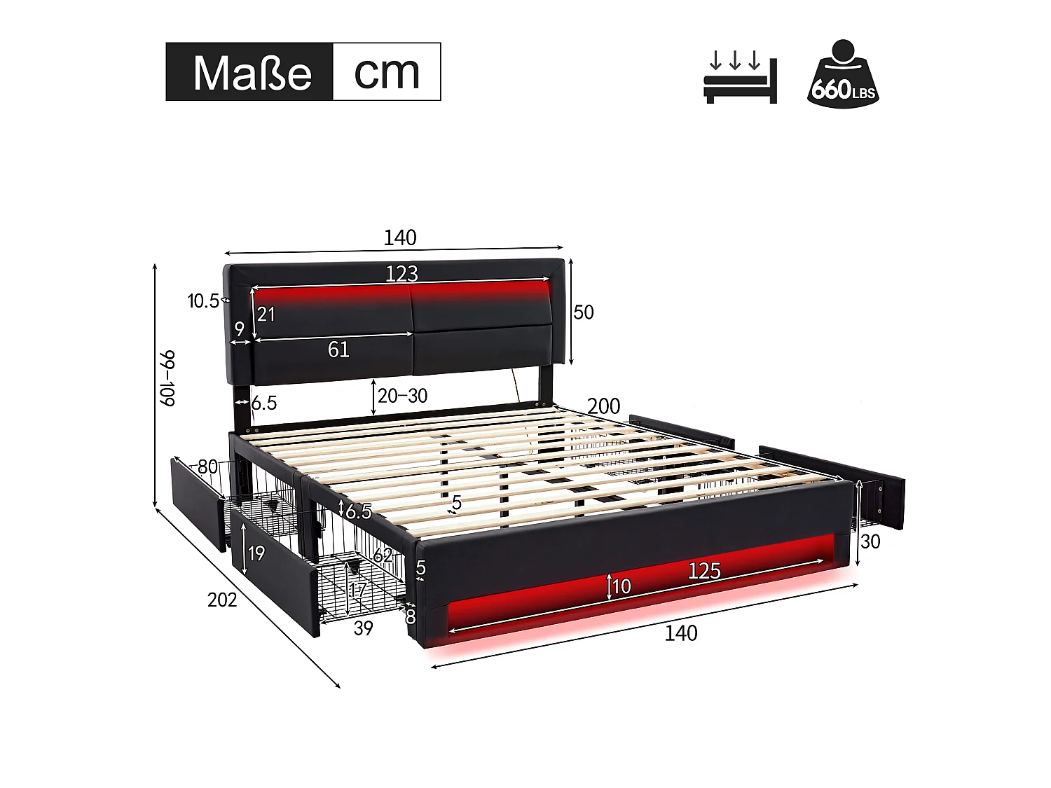 Lit adulte 140x200 cm avec ports USB, éclairage LED, 4 tiroirs, sommier à lattes - PU noir - sans matelas