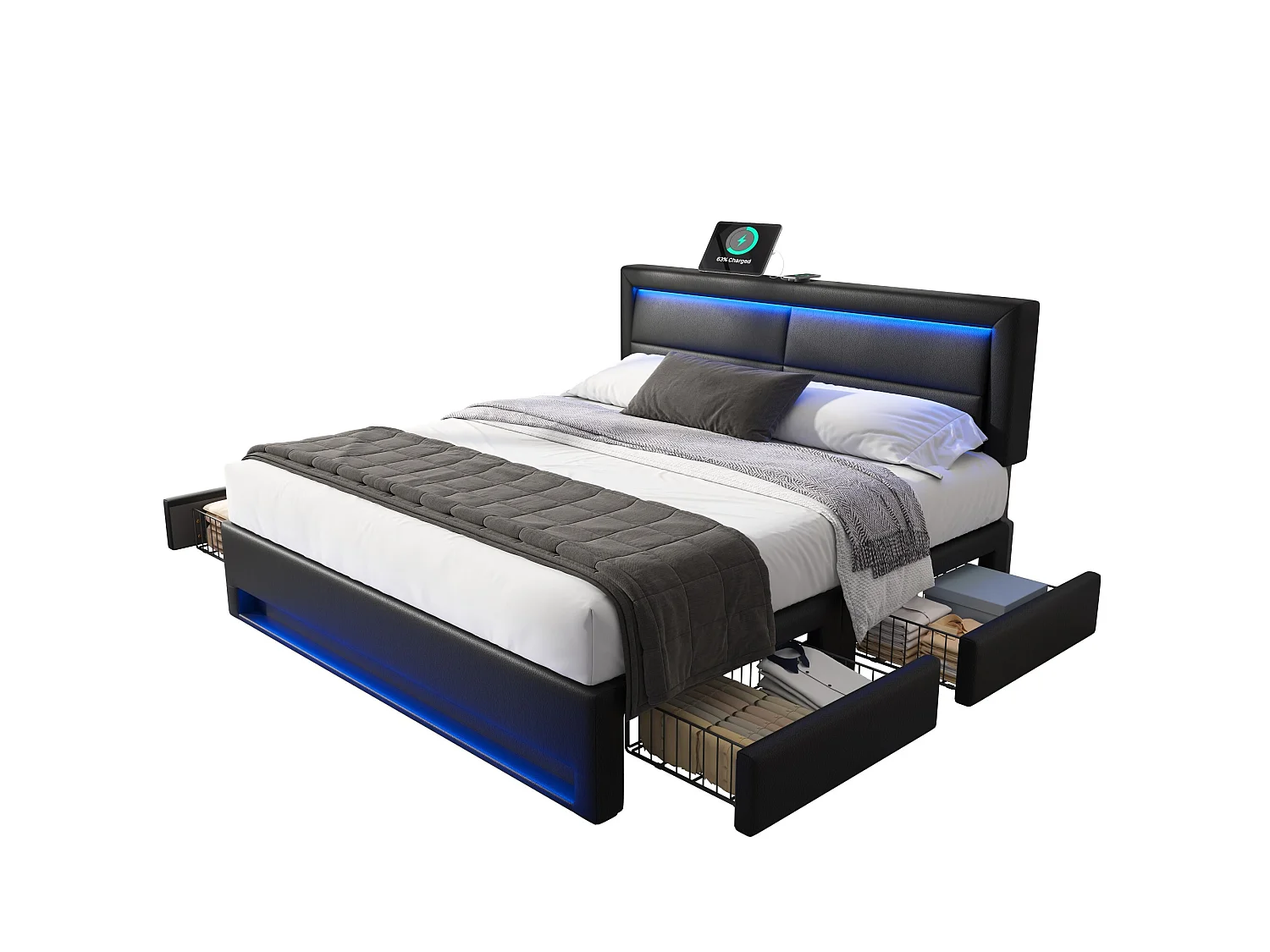Lit adulte 140x200 cm avec ports USB, éclairage LED, 4 tiroirs, sommier à lattes - PU noir - sans matelas