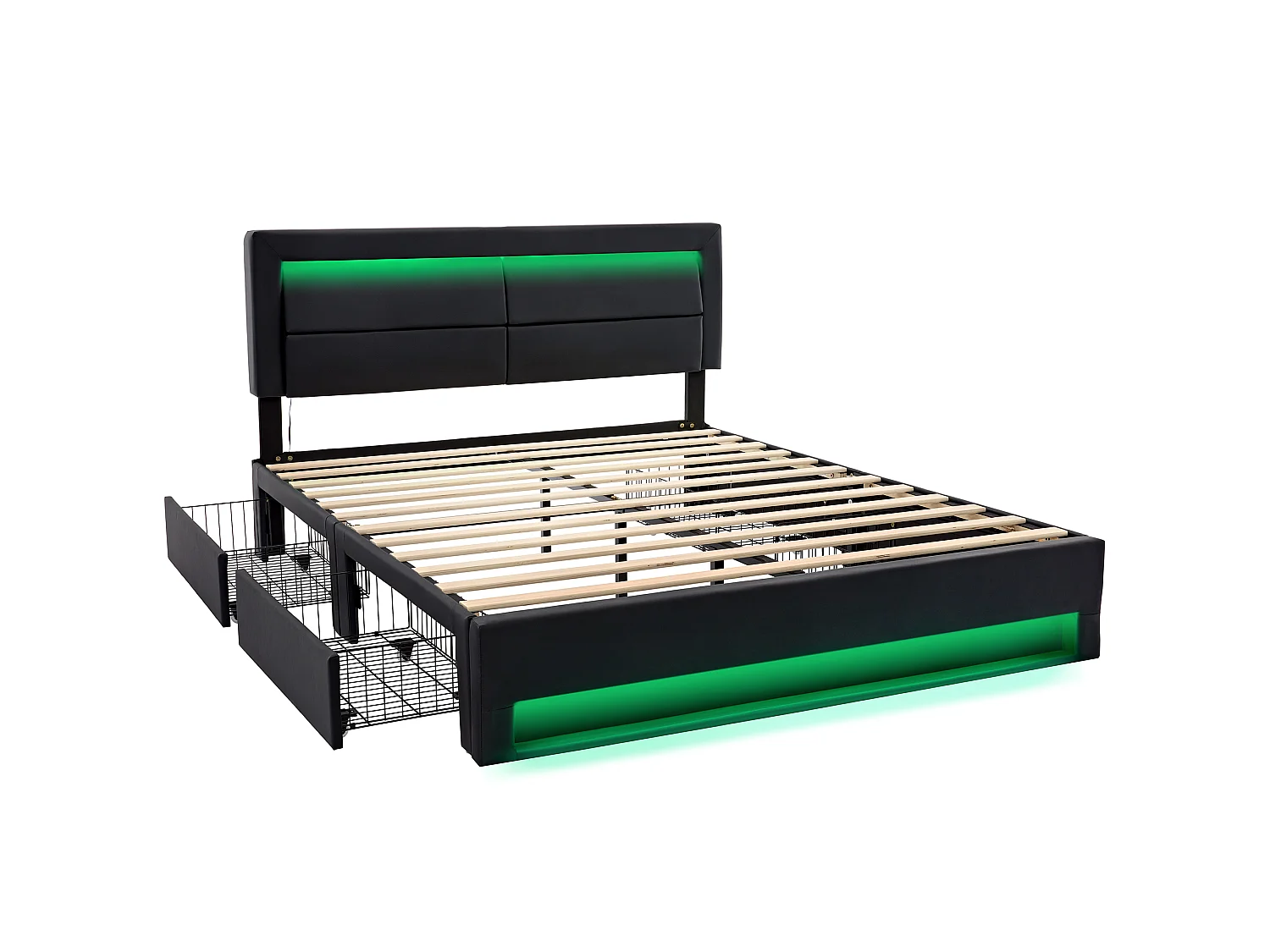 Lit adulte 140x200 cm avec ports USB, éclairage LED, 4 tiroirs, sommier à lattes - PU noir - sans matelas