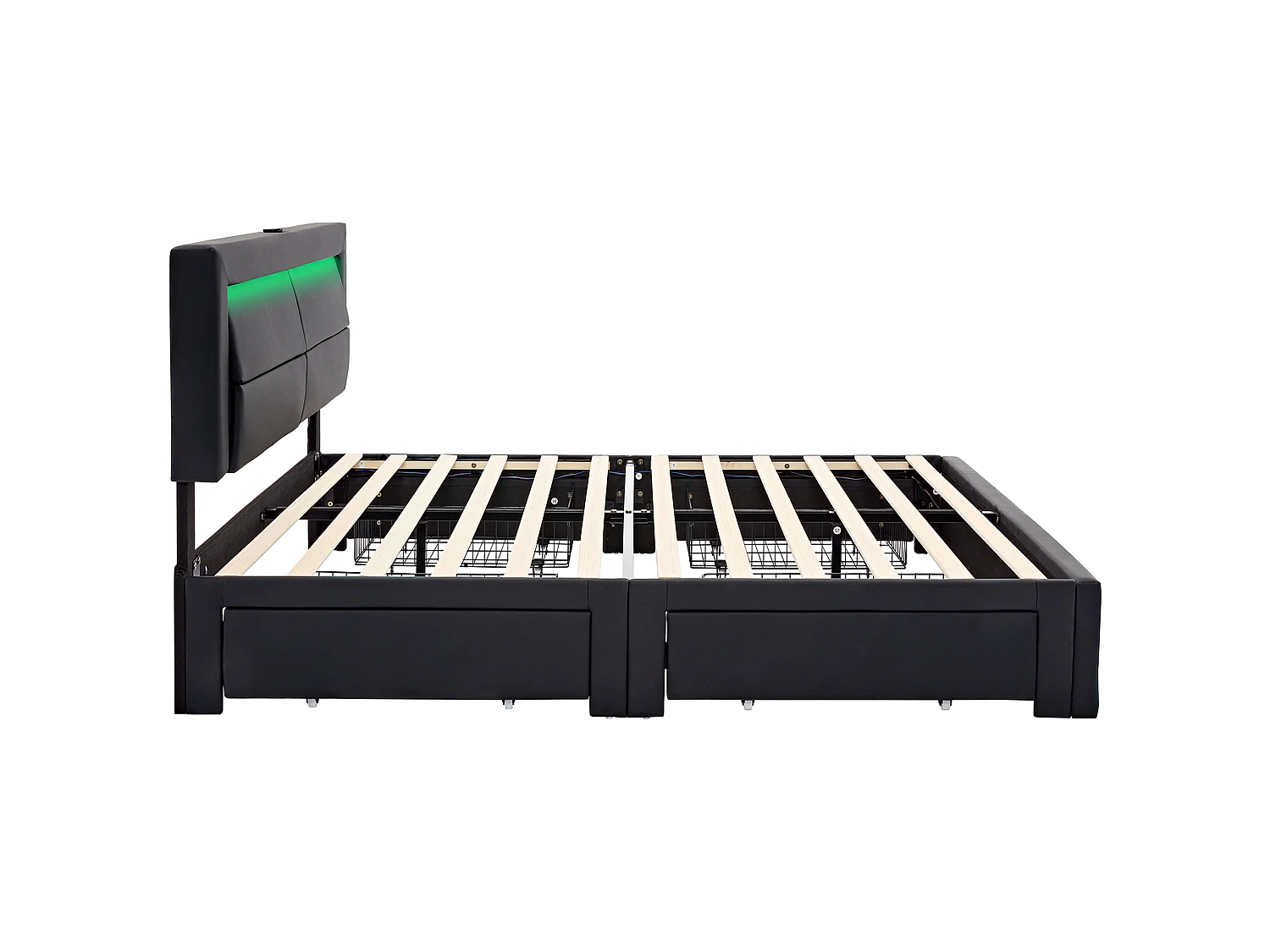 Lit adulte 140x200 cm avec ports USB, éclairage LED, 4 tiroirs, sommier à lattes - PU noir - sans matelas