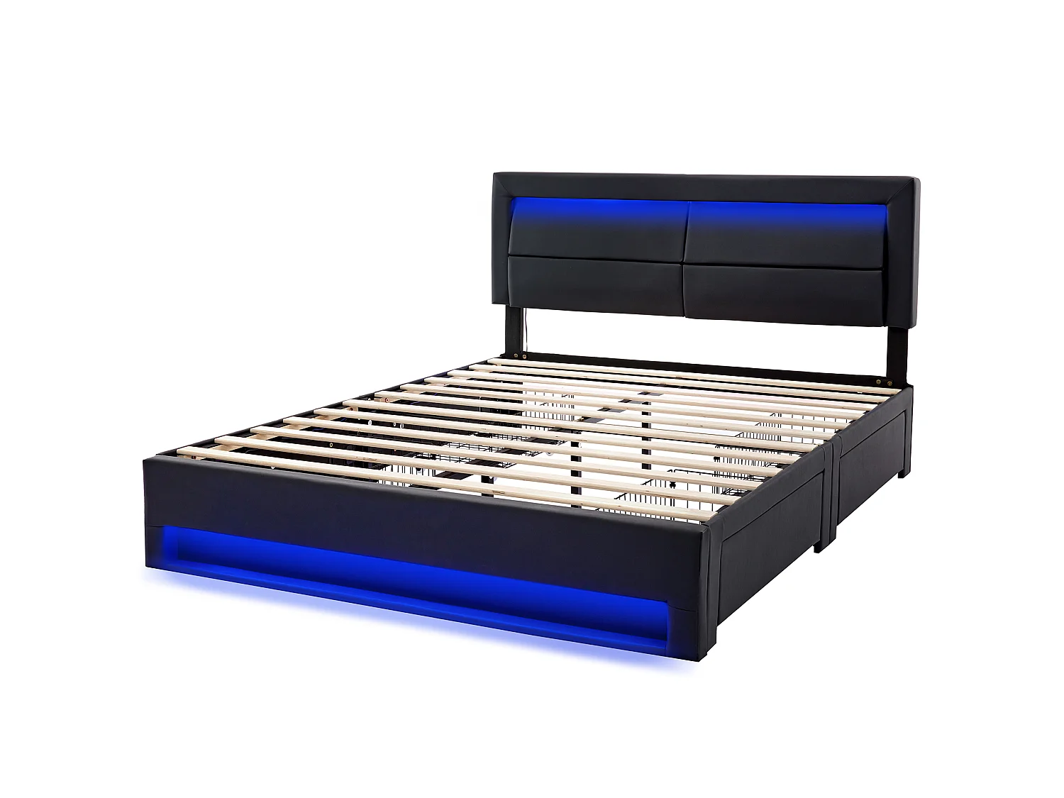 Lit adulte 140x200 cm avec ports USB, éclairage LED, 4 tiroirs, sommier à lattes - PU noir - sans matelas