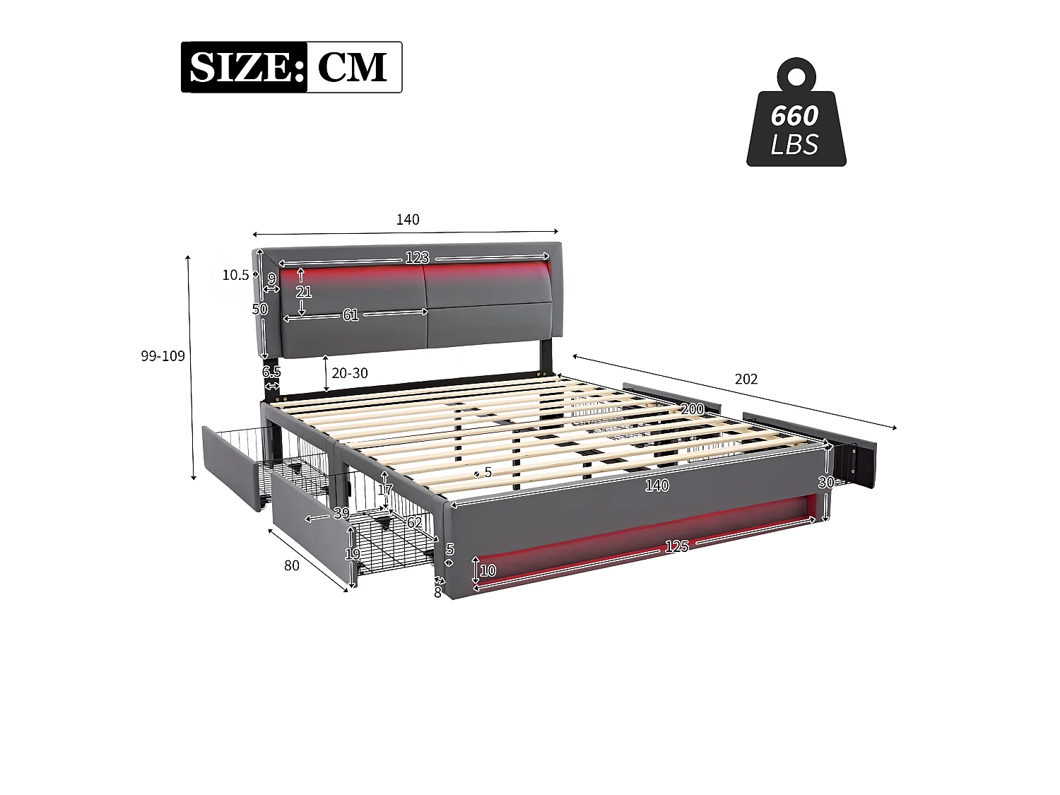 Lit adulte 140x200 cm avec ports USB, éclairage LED, 4 tiroirs, sommier à lattes - PU gris - sans matelas