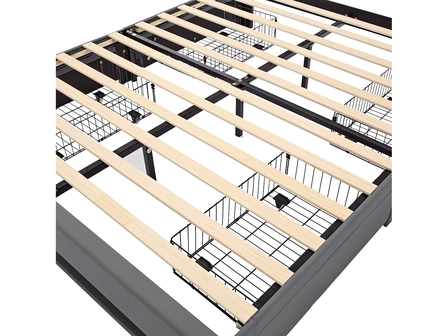 Lit adulte 140x200 cm avec ports USB, éclairage LED, 4 tiroirs, sommier à lattes - PU gris - sans matelas