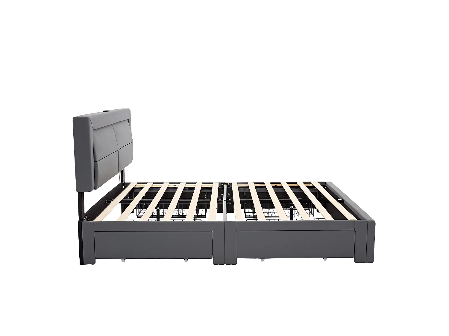 Lit adulte 140x200 cm avec ports USB, éclairage LED, 4 tiroirs, sommier à lattes - PU gris - sans matelas