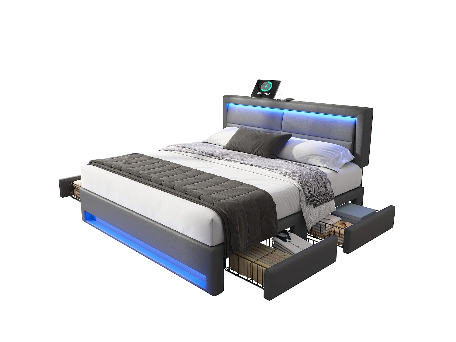 Lit adulte 140x200 cm avec ports USB, éclairage LED, 4 tiroirs, sommier à lattes - PU gris - sans matelas