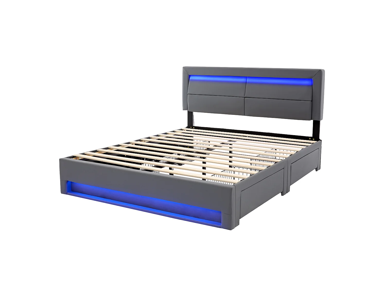 Lit adulte 140x200 cm avec ports USB, éclairage LED, 4 tiroirs, sommier à lattes - PU gris - sans matelas