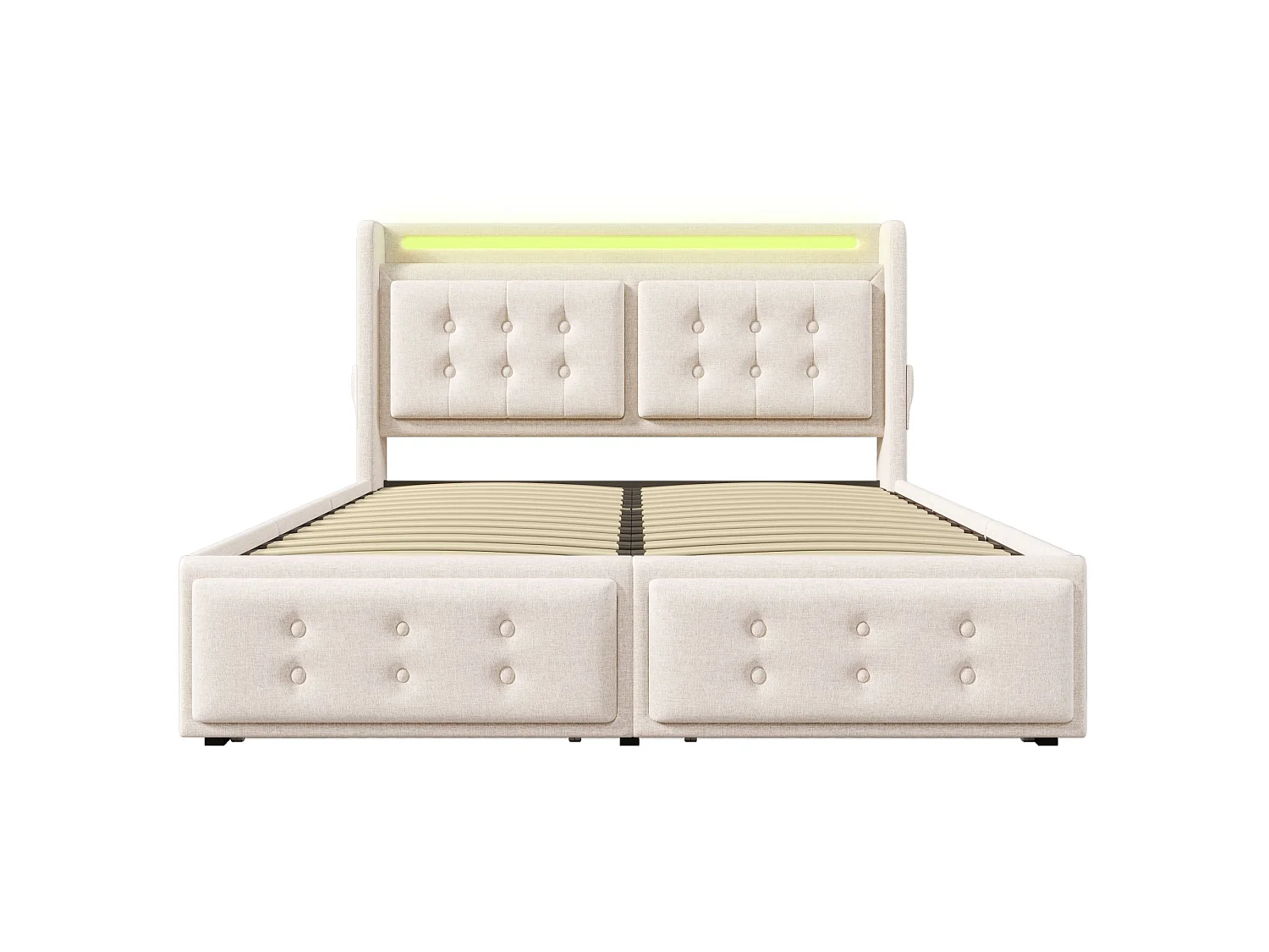 Lit adulte 160x200 avec tête de lit, 4 tiroirs, LED, USB et Type-C, sommier à lattes - coton et lin - beige - matelas inclus