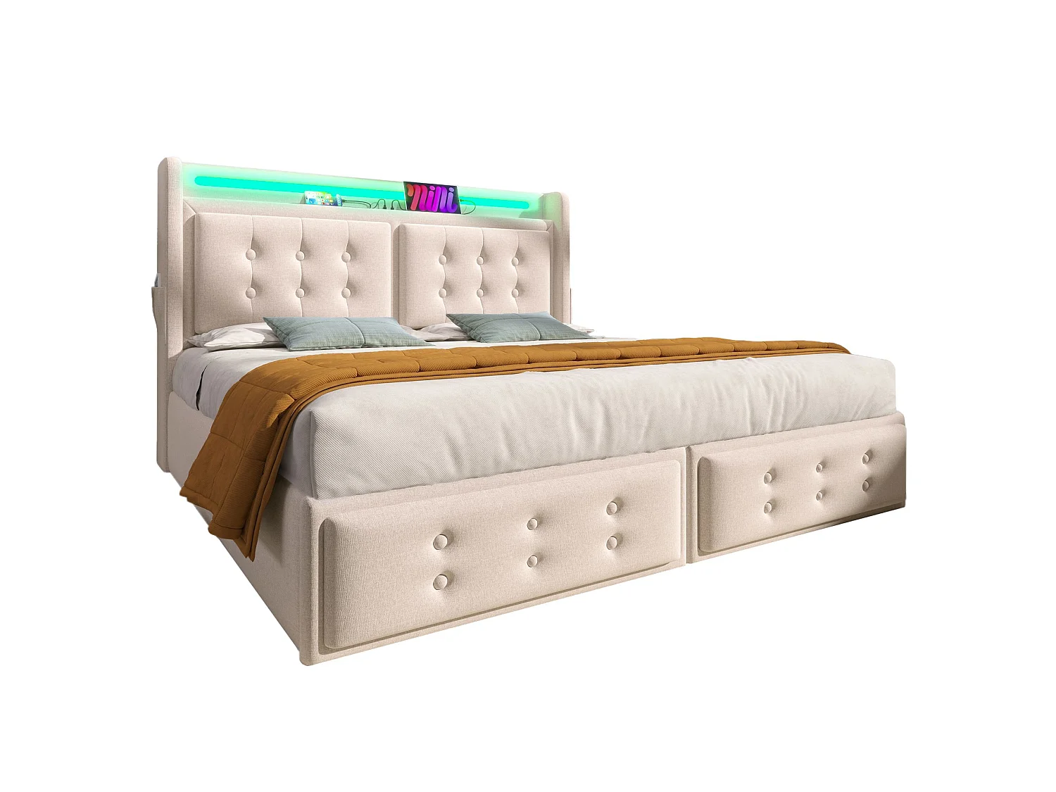 Lit adulte 160x200 avec tête de lit, 4 tiroirs, LED, USB et Type-C, sommier à lattes - coton et lin - beige - matelas inclus