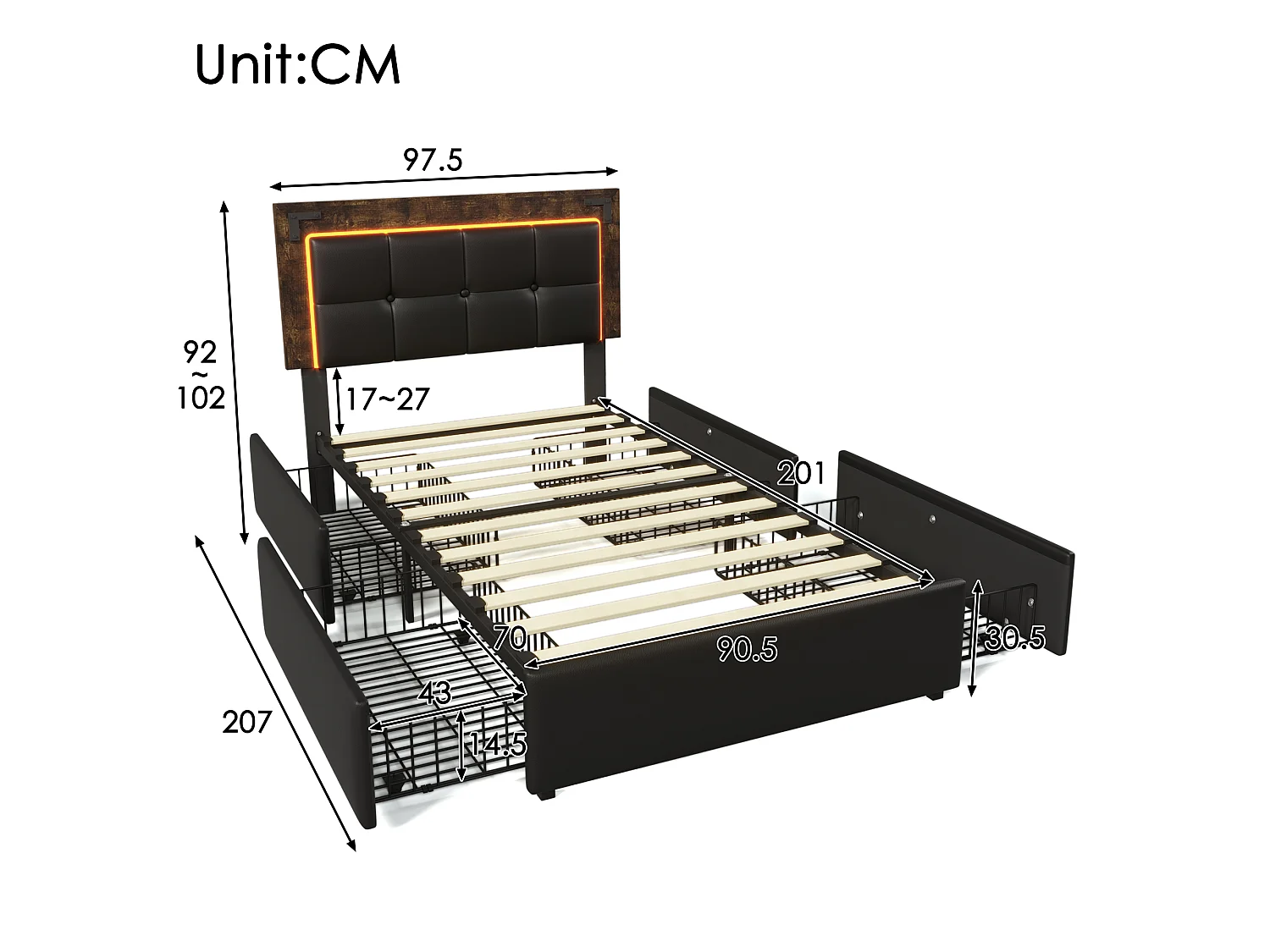 lit enfant 90x200cm avec tête de lit, éclairage LED, 4 tiroirs - PU noir - matelas inclus