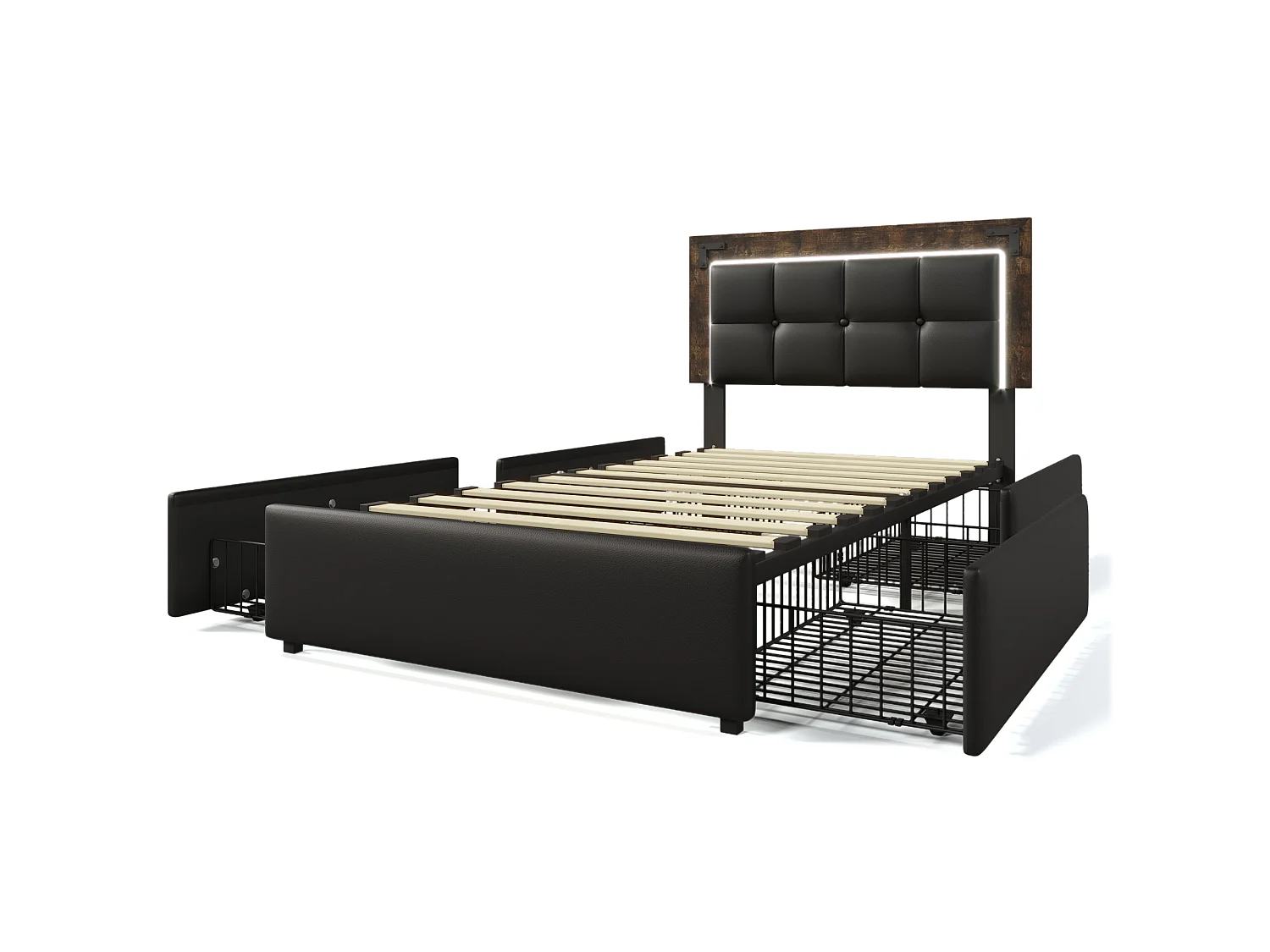 lit enfant 90x200cm avec tête de lit, éclairage LED, 4 tiroirs - PU noir - matelas inclus