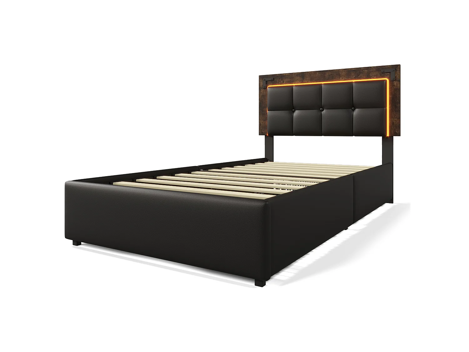 lit enfant 90x200cm avec tête de lit, éclairage LED, 4 tiroirs - PU noir - matelas inclus