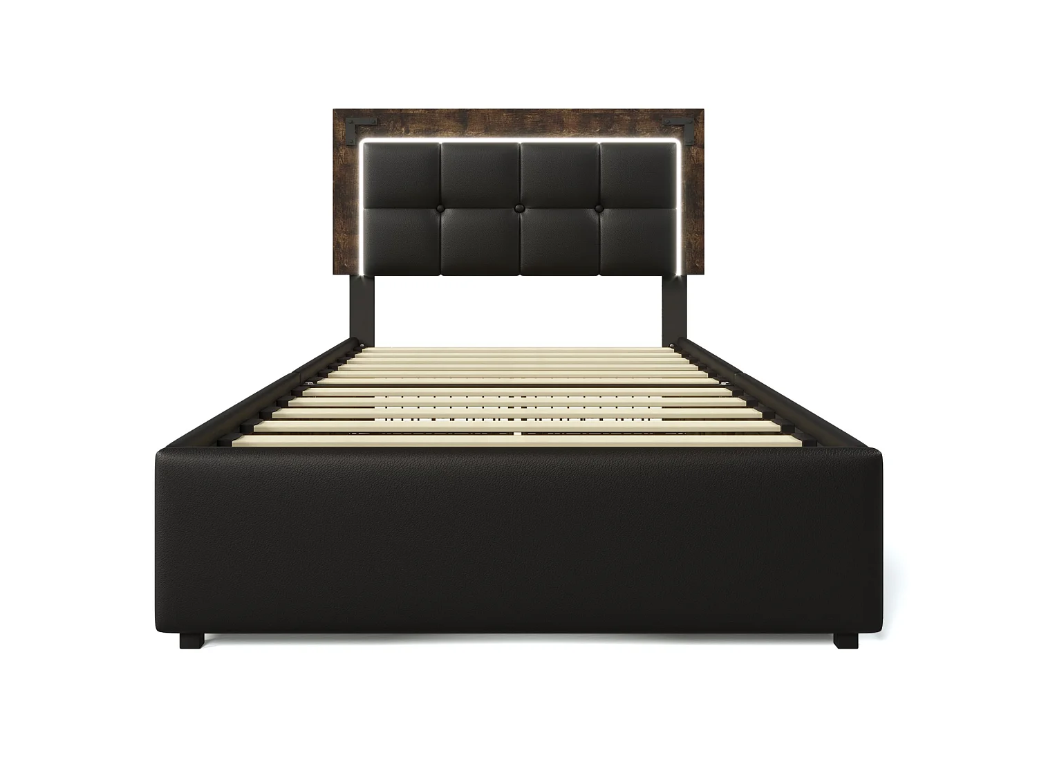 lit enfant 90x200cm avec tête de lit, éclairage LED, 4 tiroirs - PU noir - matelas inclus