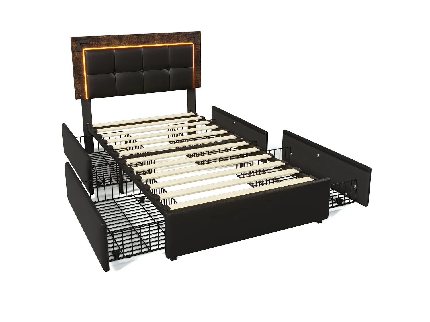 lit enfant 90x200cm avec tête de lit, éclairage LED, 4 tiroirs - PU noir - matelas inclus