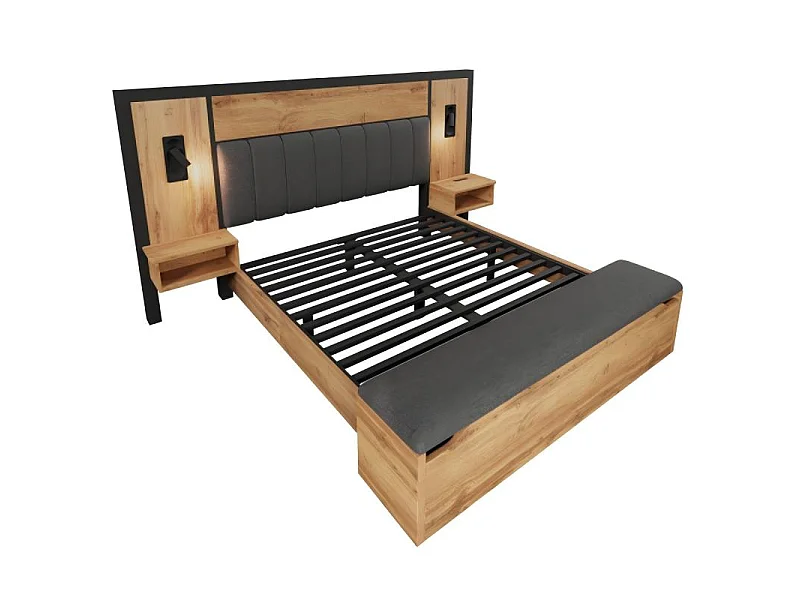 Łóżko dla dorosłych 160x200 cm z ławką do przechowywania, szafkami z portami USB i Type-C, drewno, dąb, bez materaca