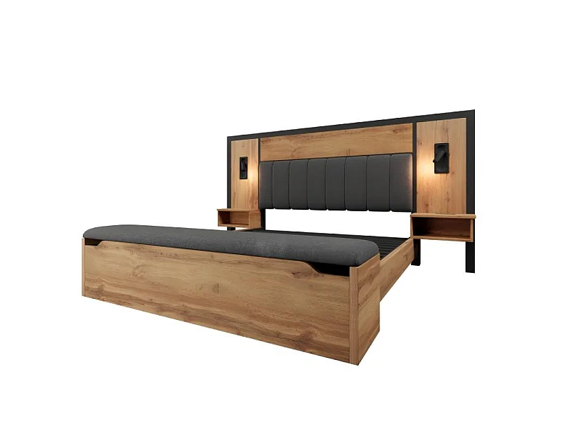Łóżko dla dorosłych 160x200 cm z ławką do przechowywania, szafkami z portami USB i Type-C, drewno, dąb, bez materaca