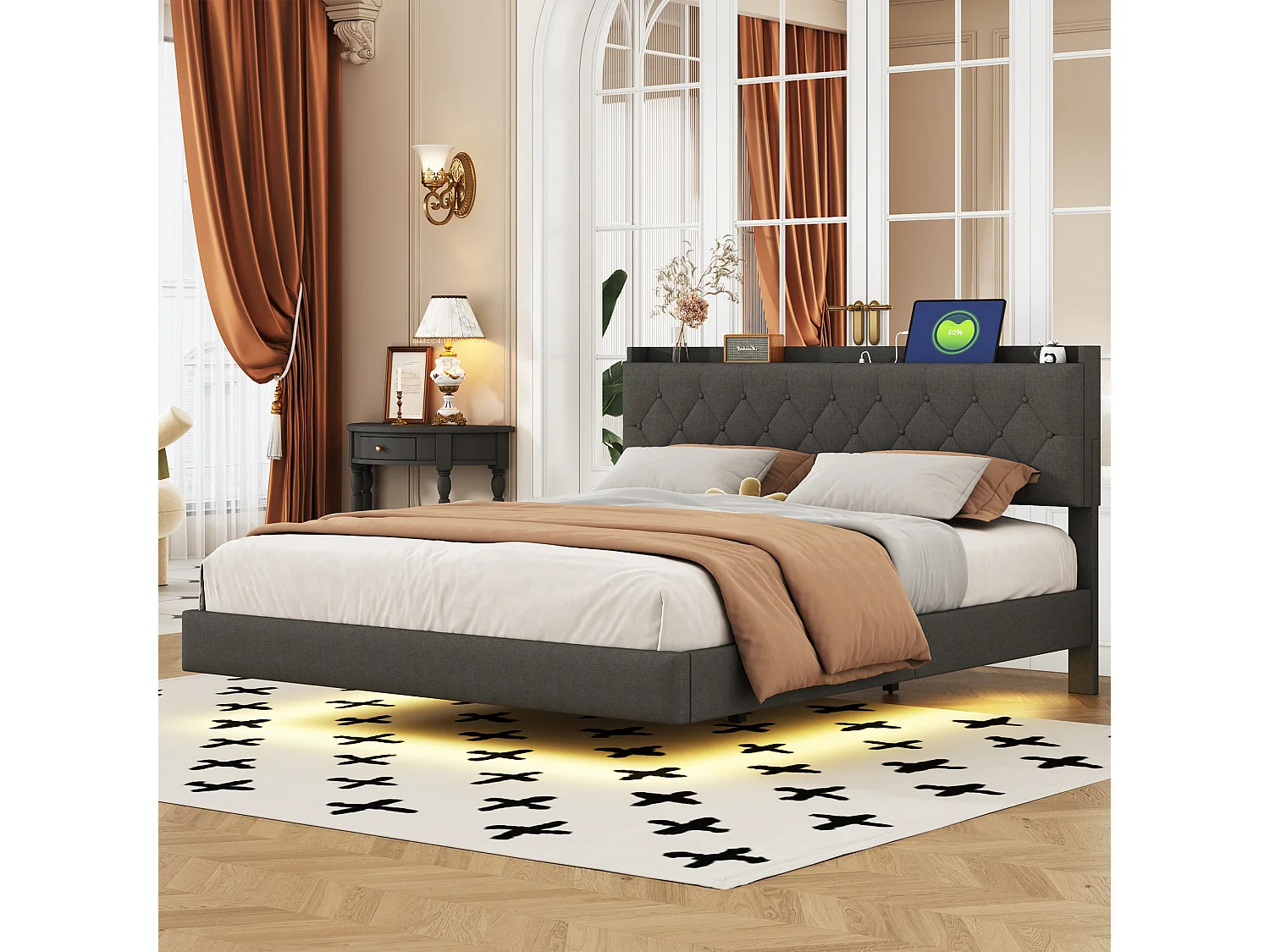 Łóżko podwójne 160x200 cm z oświetleniem LED, wezgłowiem z półkami i stelażem – len – szary – bez materaca