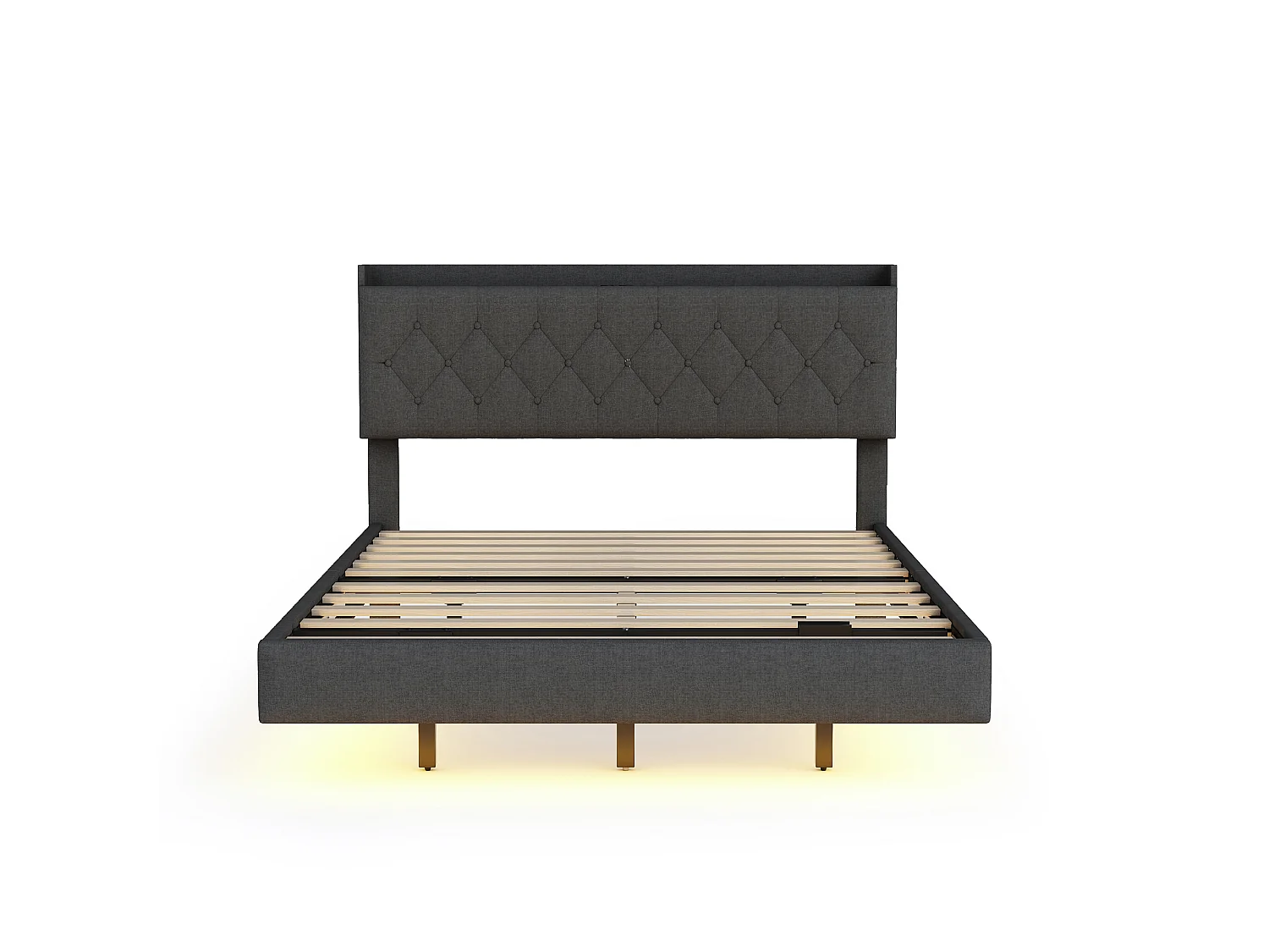 Łóżko podwójne 160x200 cm z oświetleniem LED, wezgłowiem z półkami i stelażem – len – szary – bez materaca