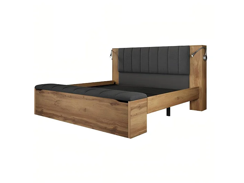 Łóżko dla dorosłych 160x200 cm, z 2 szafkami i kanapą, podnoszonym wezgłowiem z lampkami i USB, drewno, dąb, bez materaca