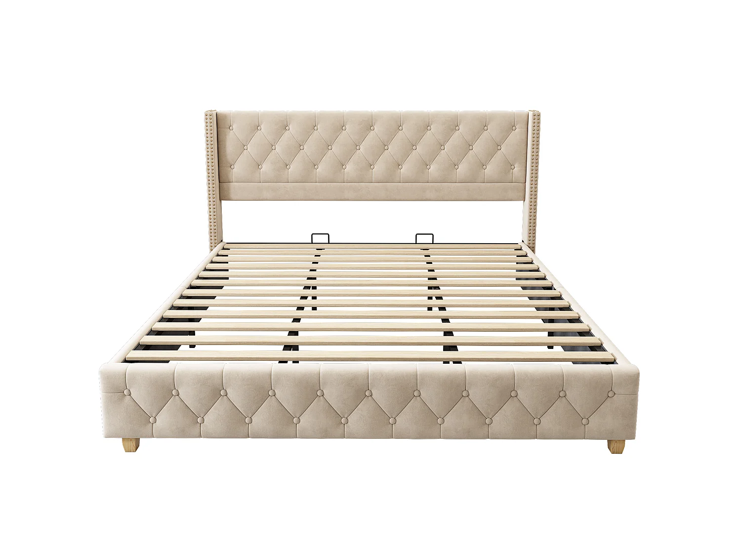 Lit adulte 180x200 cm avec tête de lit, sommier à lattes - en velours - beige clair - sans matelas