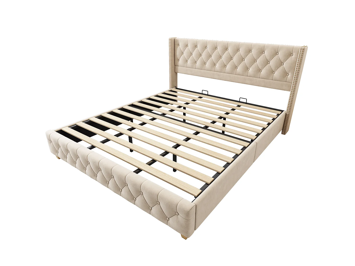 Lit adulte 180x200 cm avec tête de lit, sommier à lattes - en velours - beige clair - sans matelas