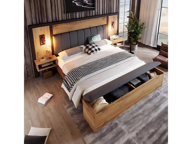 Letto adulti 160x200 cm con comodini e lampade, panca contenitore, in lino, rovere, materasso incluso