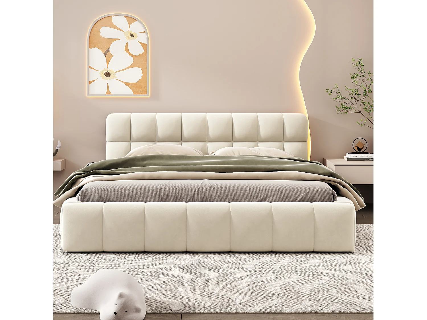 Lit adulte 140x190 cm avec tête de lit rembourrée, sommier à lattes - en lin - Beige - sans matelas