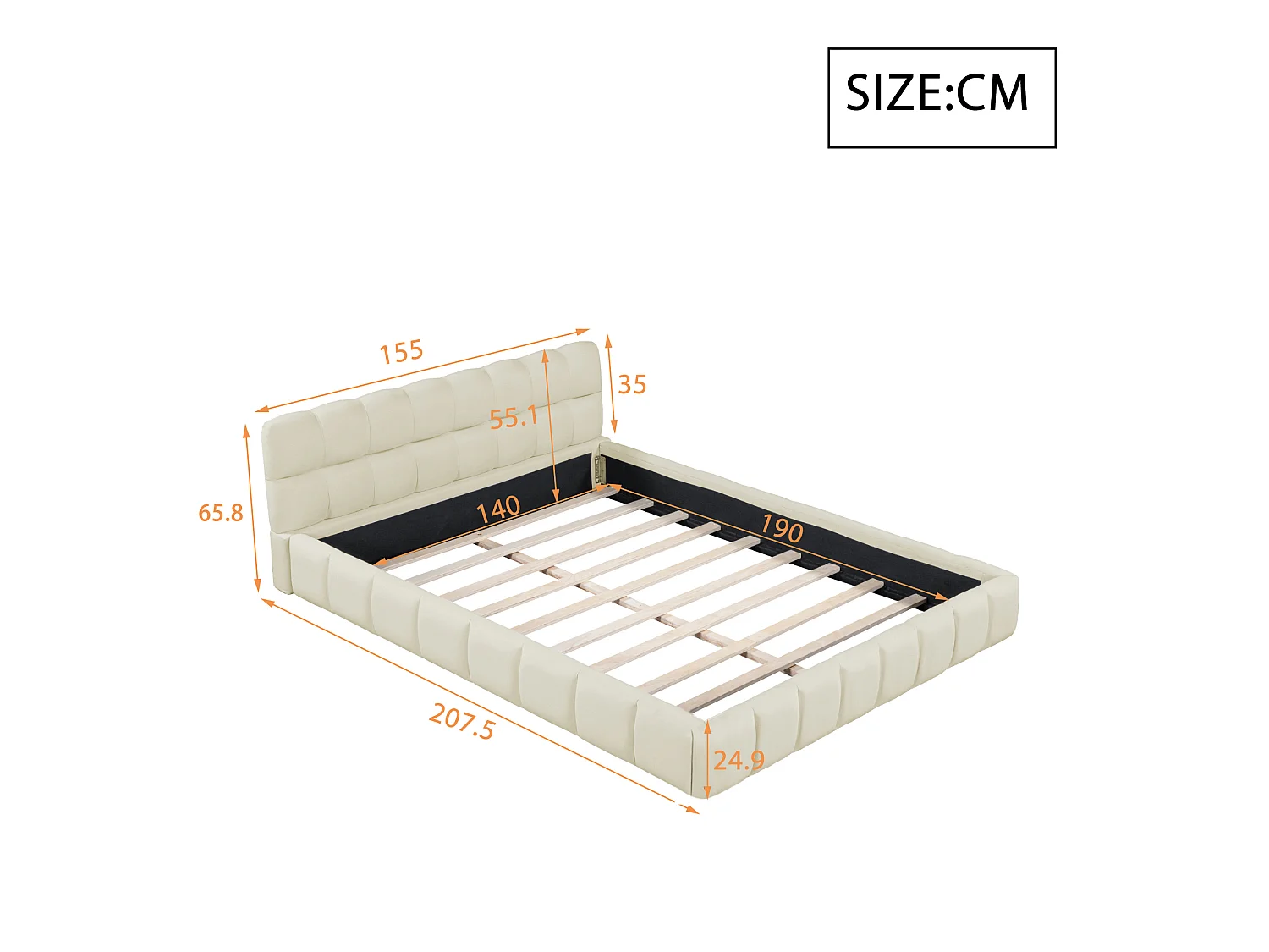 Lit adulte 140x190 cm avec tête de lit rembourrée, sommier à lattes - en lin - Beige - sans matelas