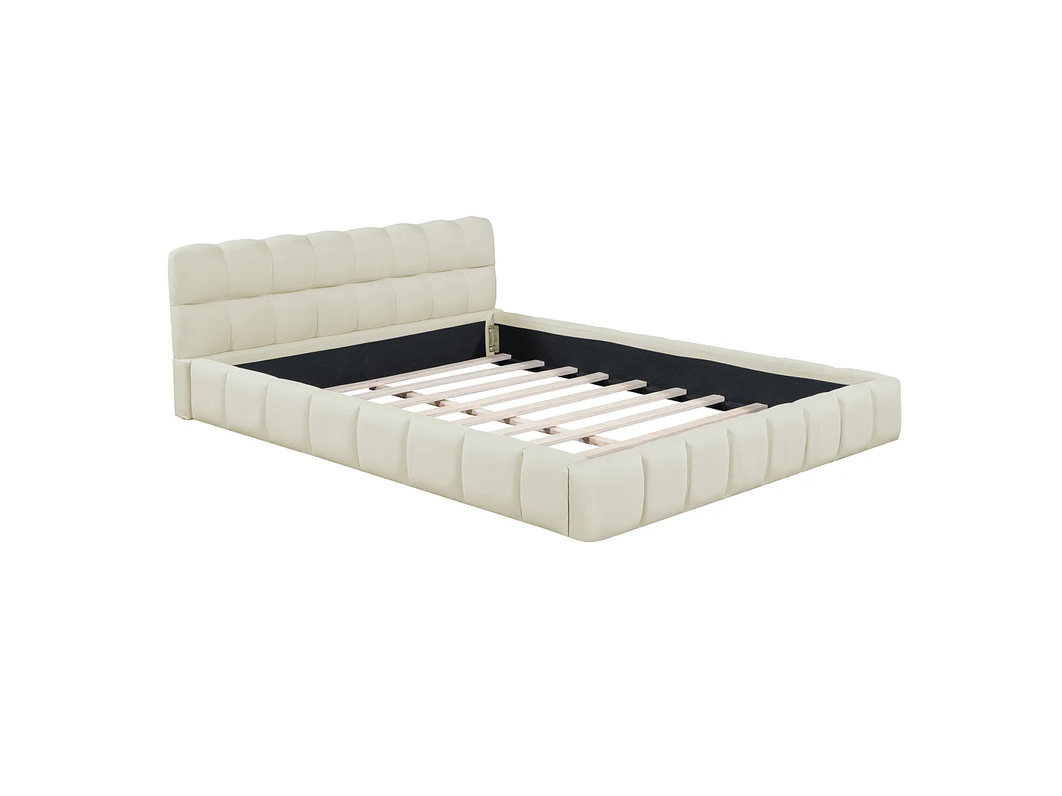 Lit adulte 140x190 cm avec tête de lit rembourrée, sommier à lattes - en lin - Beige - sans matelas