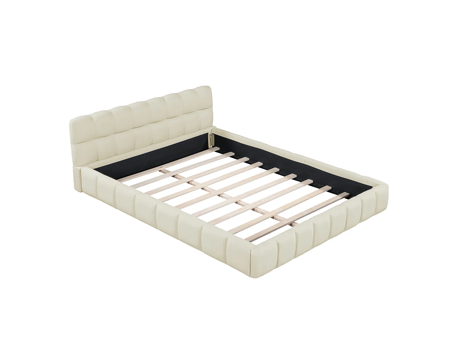 Lit adulte 140x190 cm avec tête de lit rembourrée, sommier à lattes - en lin - Beige - sans matelas