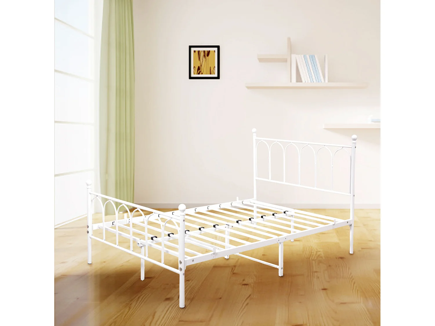 Lit adulte 140x190 cm avec tête de lit rembourrée, sommier à lattes - en lin - Beige - sans matelas