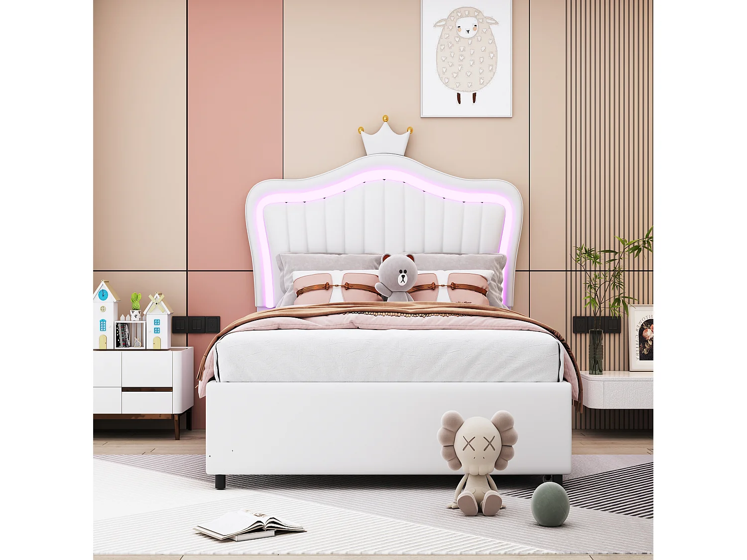 Lit enfant 90x200 - avec tête de lit, 2 tiroirs, LED, sommier à lattes - en cuir synthétique - blanc - sans matelas