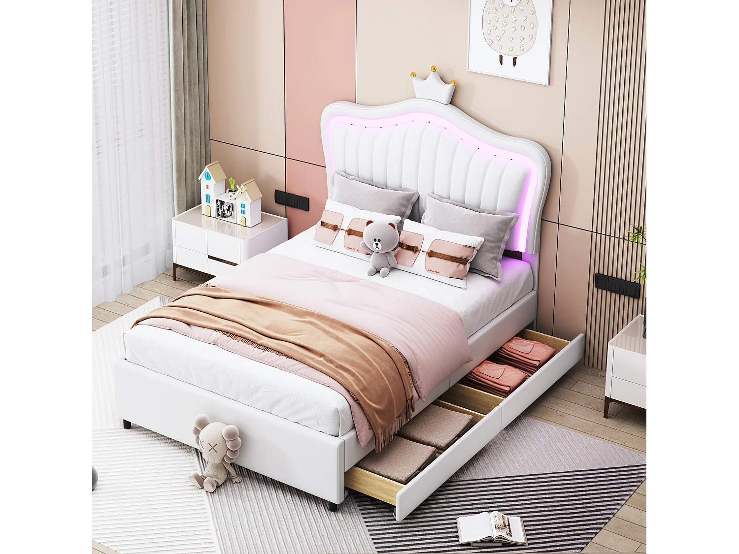 Lit enfant 90x200 - avec tête de lit, 2 tiroirs, LED, sommier à lattes - en cuir synthétique - blanc - sans matelas