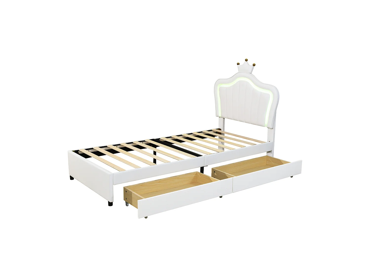 Lit enfant 90x200 - avec tête de lit, 2 tiroirs, LED, sommier à lattes - en cuir synthétique - blanc - sans matelas