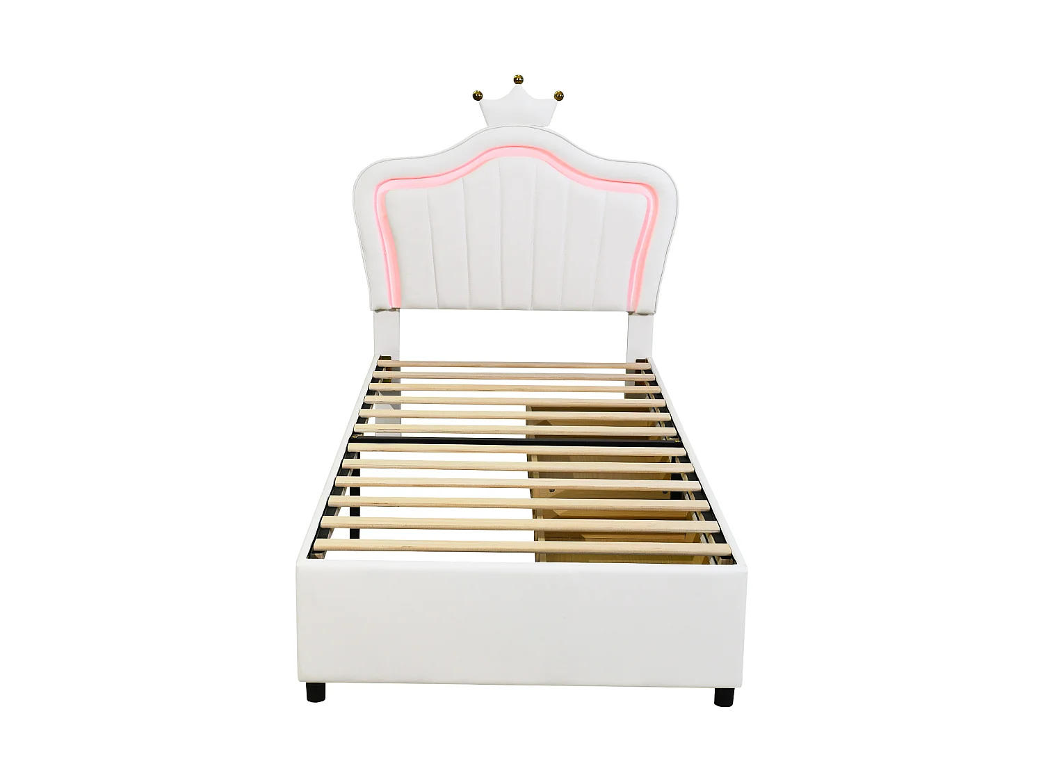 Lit enfant 90x200 - avec tête de lit, 2 tiroirs, LED, sommier à lattes - en cuir synthétique - blanc - sans matelas