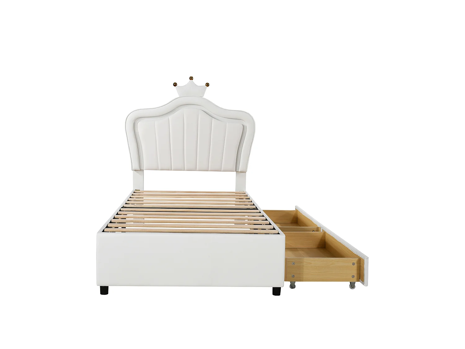 Lit enfant 90x200 - avec tête de lit, 2 tiroirs, LED, sommier à lattes - en cuir synthétique - blanc - sans matelas