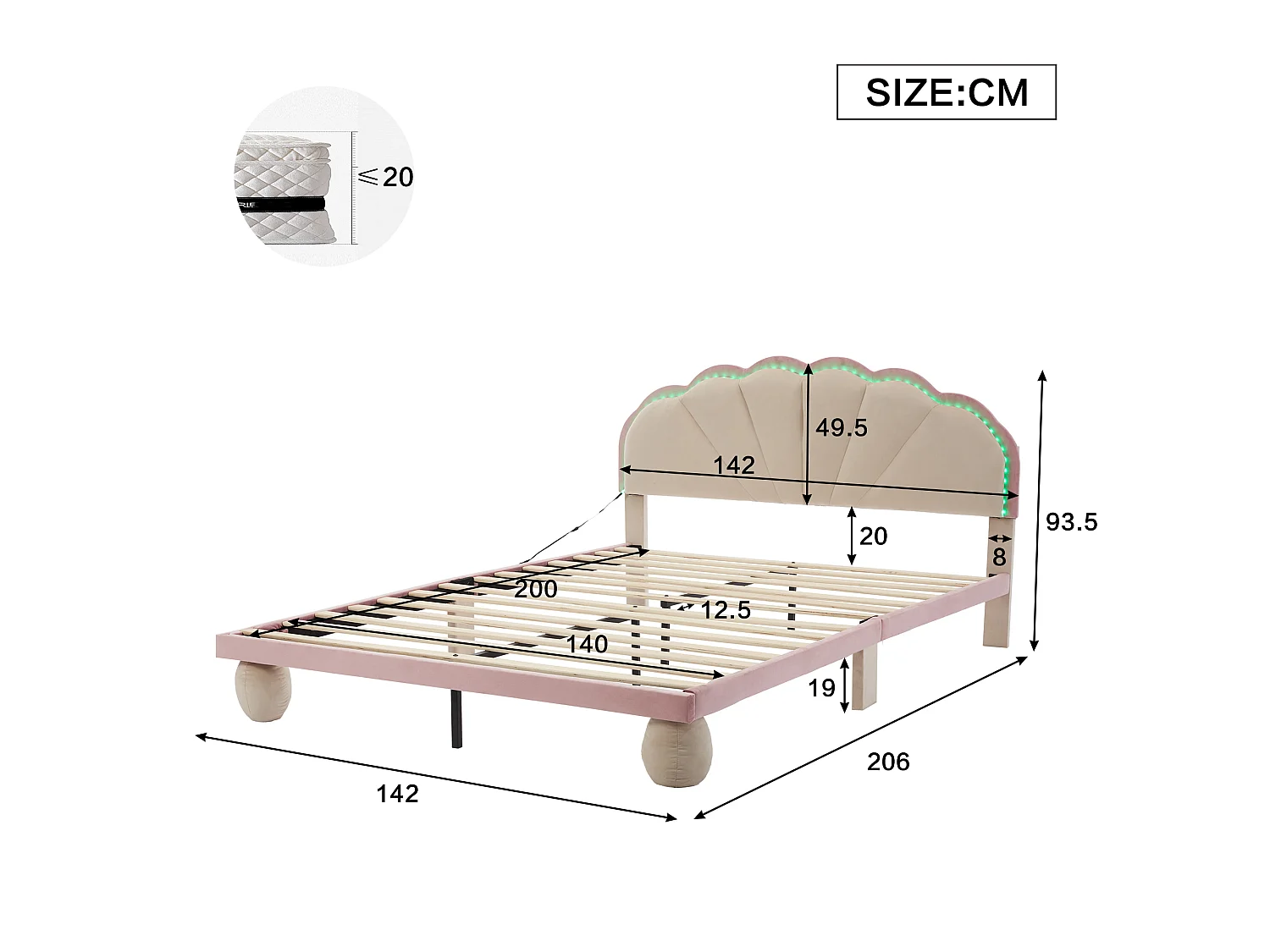 Lit enfant 140x200cm lit double avec éclairage LED, tête de lit et sommier à lattes - en velours - beige et rose - sans matelas