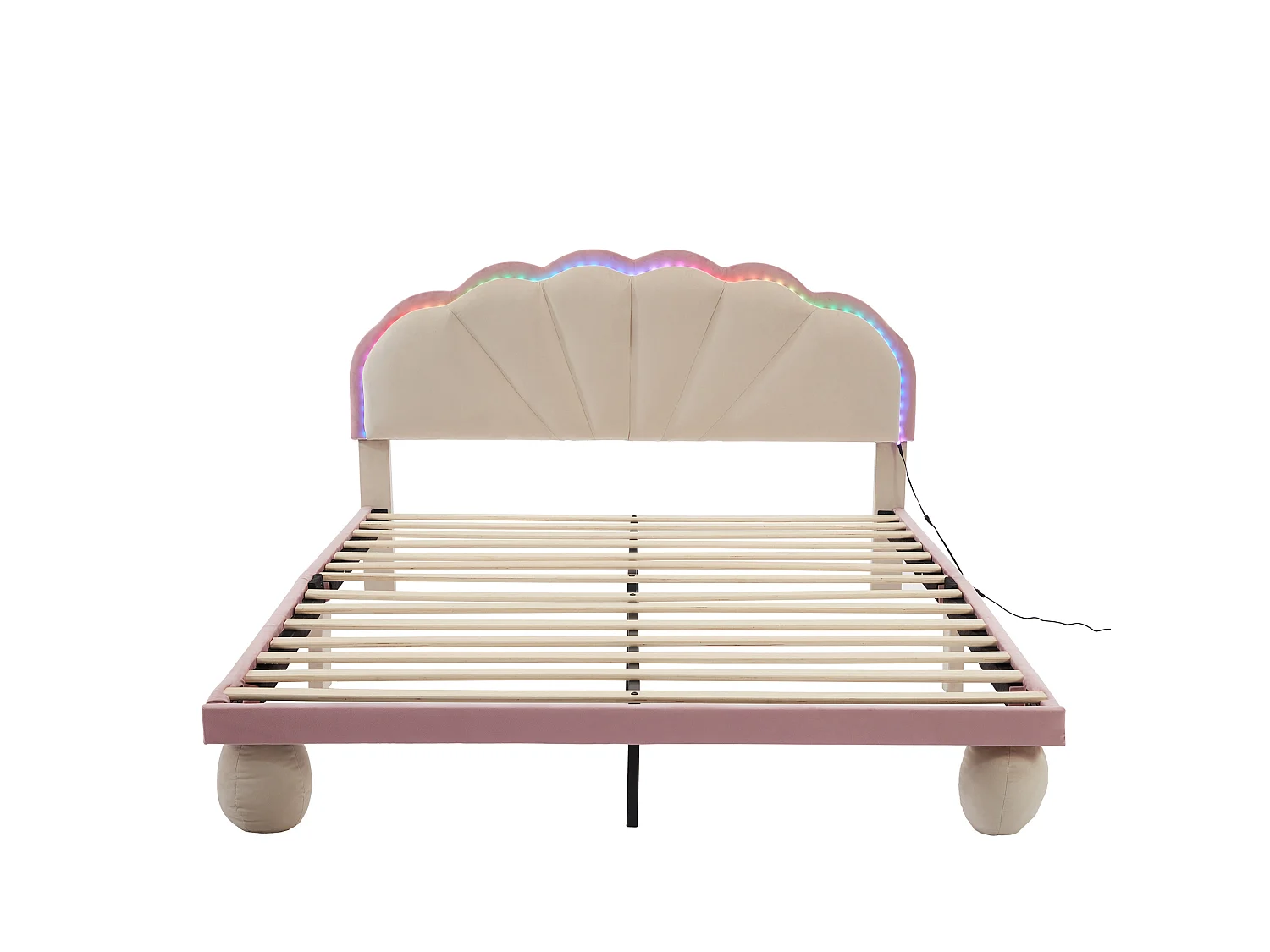 Lit enfant 140x200cm lit double avec éclairage LED, tête de lit et sommier à lattes - en velours - beige et rose - sans matelas