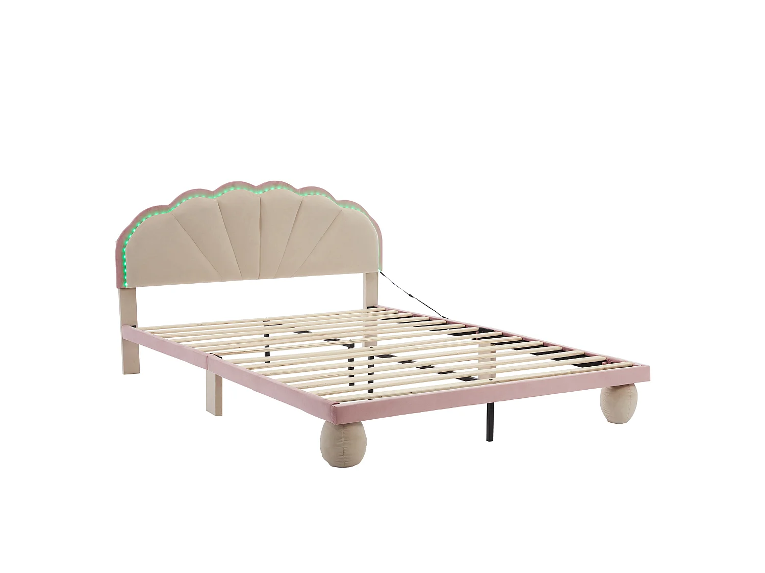 Lit enfant 140x200cm lit double avec éclairage LED, tête de lit et sommier à lattes - en velours - beige et rose - sans matelas