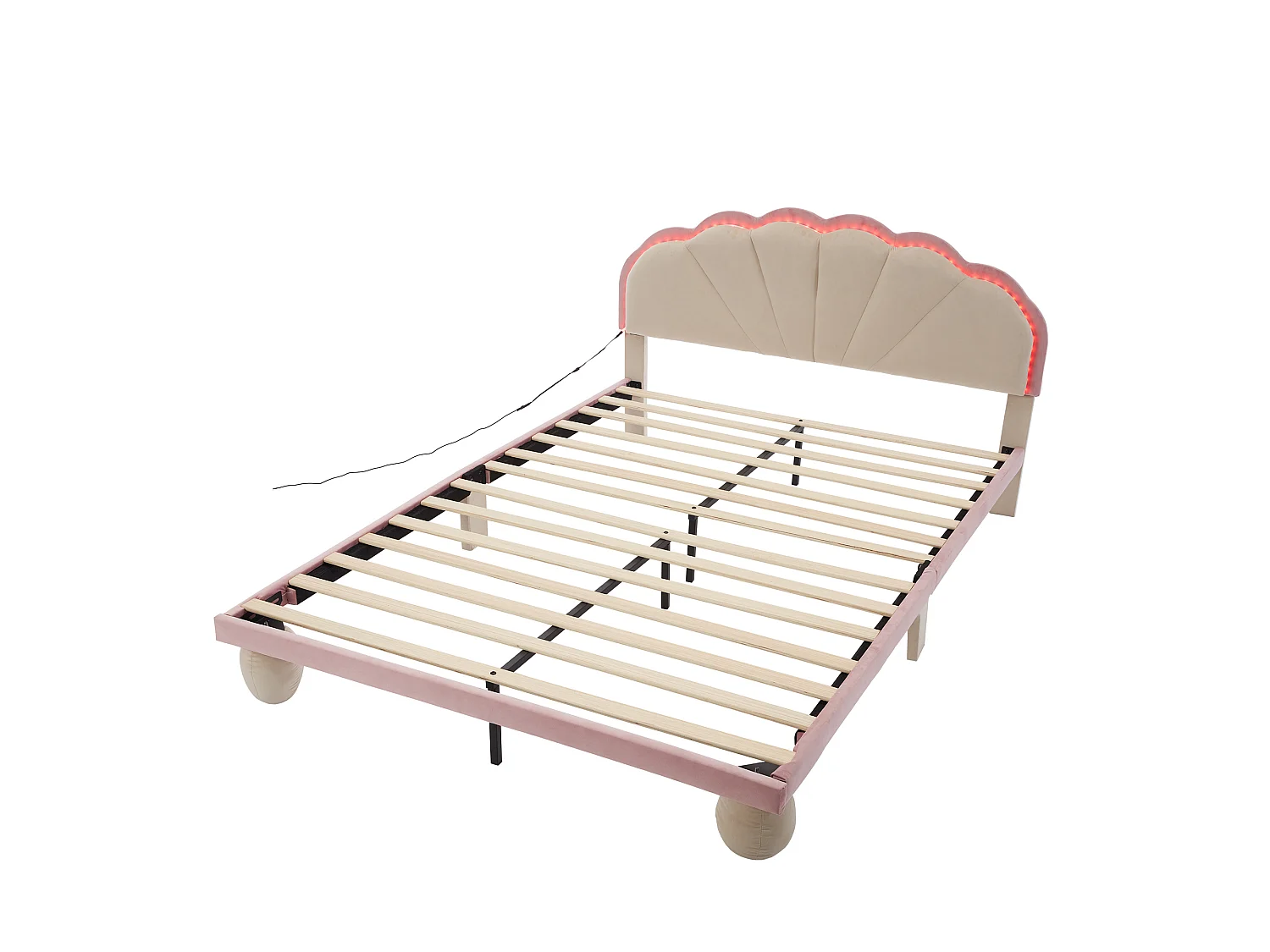 Lit enfant 140x200cm lit double avec éclairage LED, tête de lit et sommier à lattes - en velours - beige et rose - sans matelas