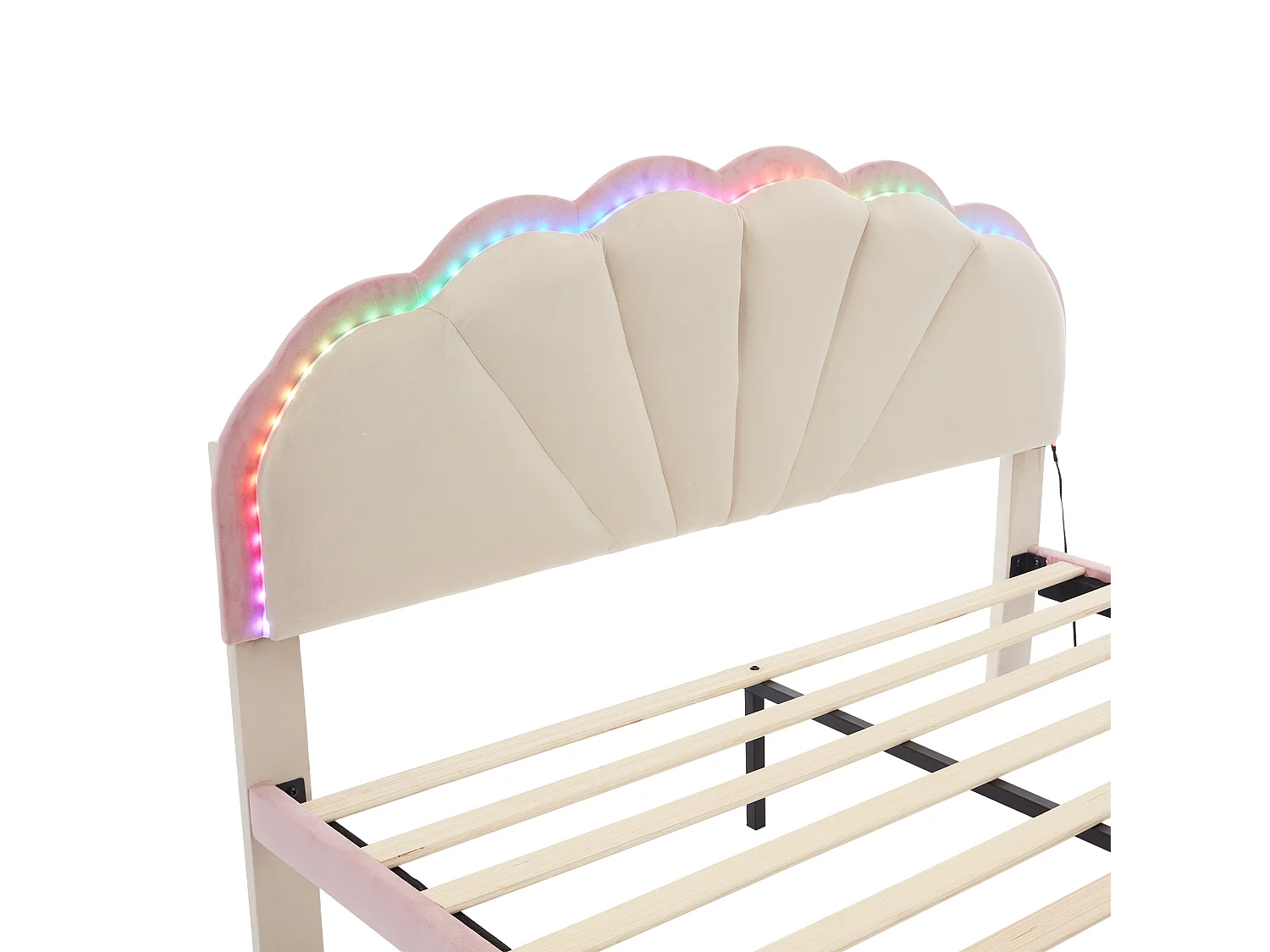 Lit enfant 140x200cm lit double avec éclairage LED, tête de lit et sommier à lattes - en velours - beige et rose - sans matelas